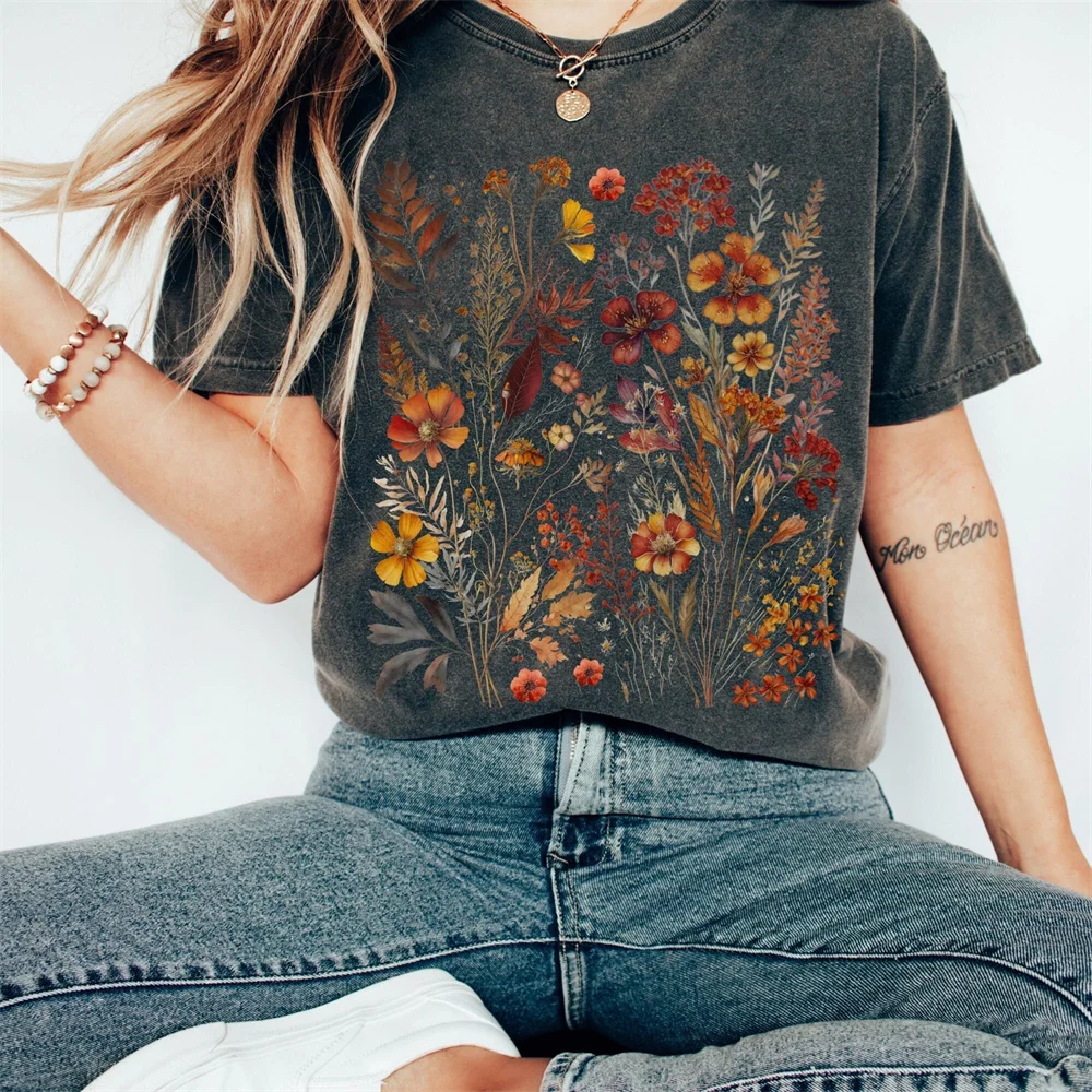 Vintage Cottagecore Shirt Goblincore Shirt Boho Wildflower T Shirt Women Print Casual Short Sleeve O Neck Top  Female Streetwear