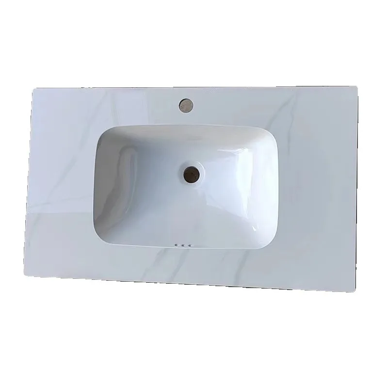 Customized rock slab seamless ceramic integrated bathroom cabinet countertop undercounter basin single wash to