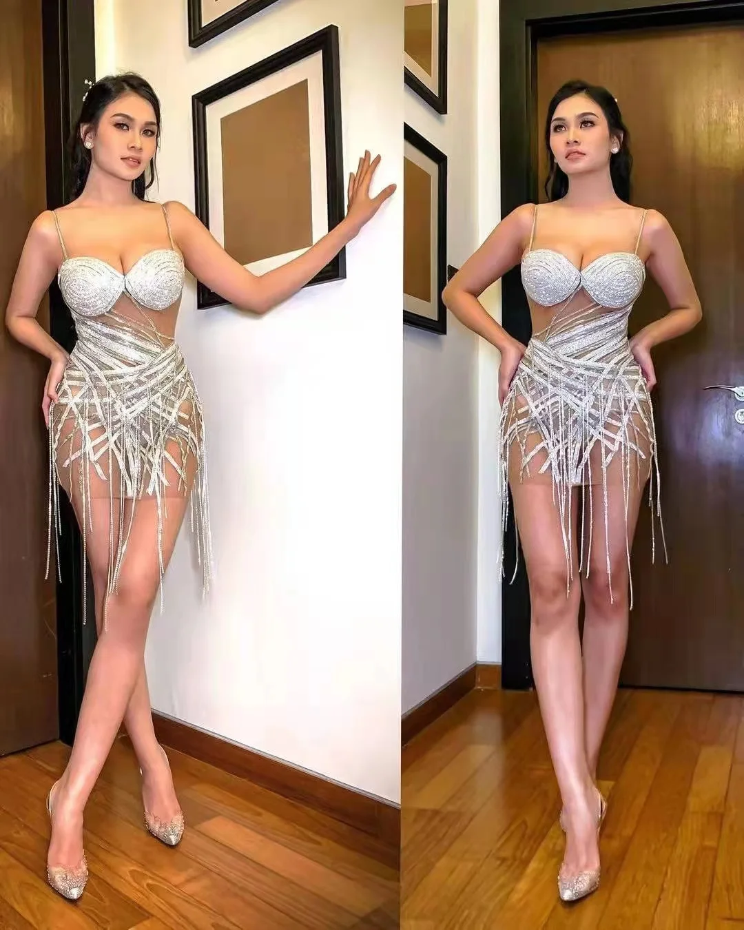 High Quality Shining Diamonds Long Tassel Sexy See Through Evening Dress Nightclub Bar Singer Dancer Performance Costume