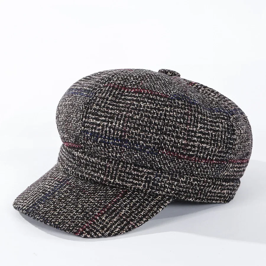 Vintage achteckige Baskenmütze für Damen, Zeitungs jungen hut, lässige Woll imitation, Plaid, neue Mode, 2024 – Detail 3