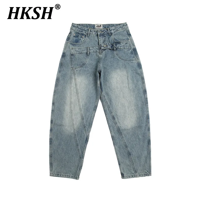 

HKSH 2025 Summer New American Vintage Man Tide Punk Trend Splicing Jeans Water Washed Casual Safari Style Ins Denim Pants HK4878