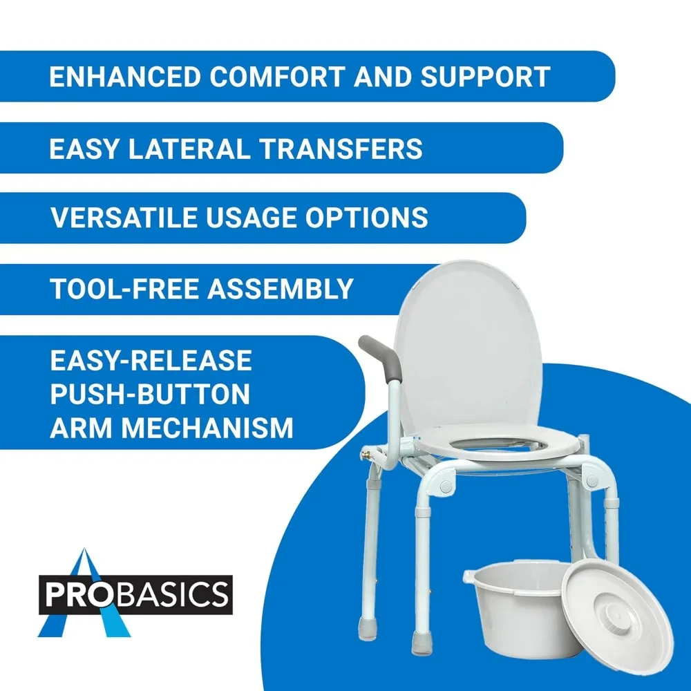 Adjustable Drop Arm Commode Chair for Elderly and Disabled with Folding Design and Side Handles