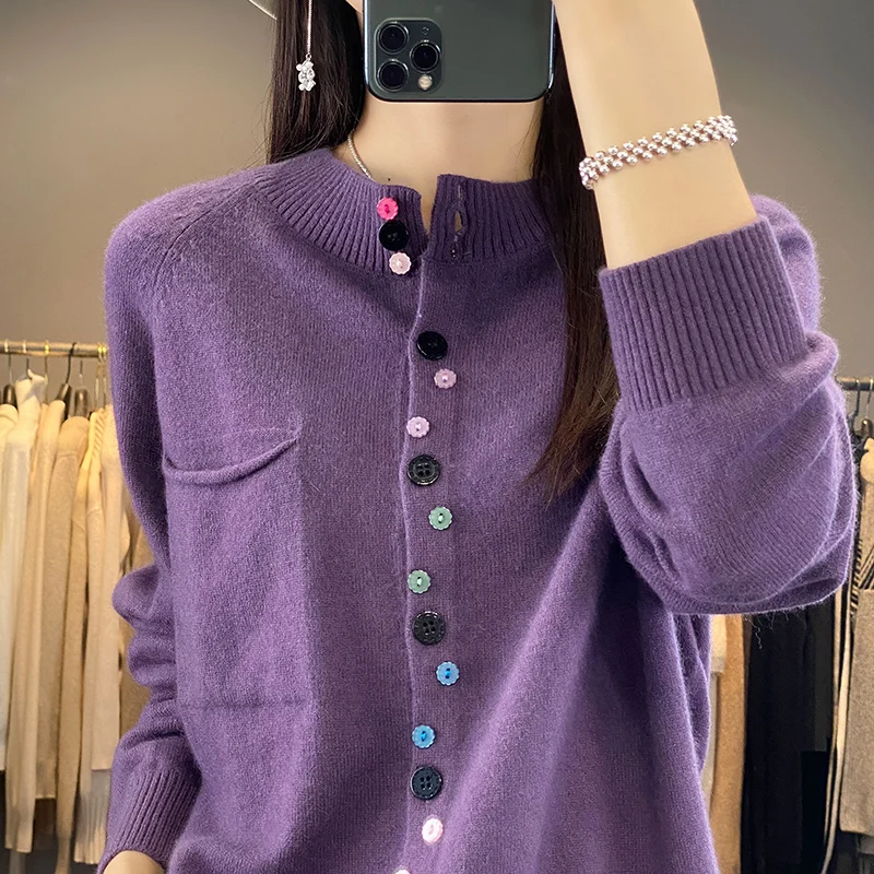 Women's Cardigan Spring Worsted Wool Knitted Sweater Casual Loose Ladies Tops Round Neck Colorful Single Breasted Coat Pockets