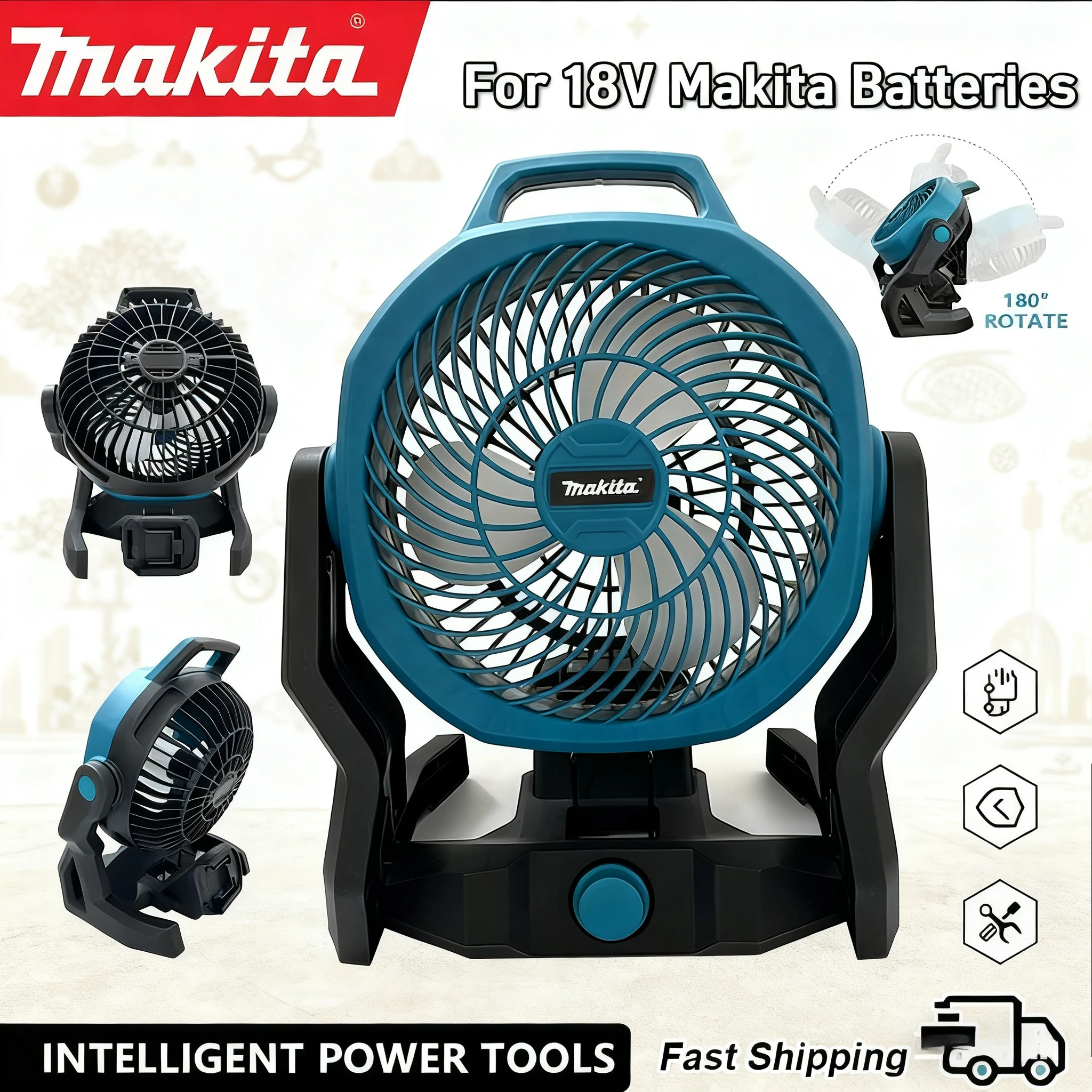 

Makita 3 Speed Portable Cordless Table Fan Camping Fan 21V Multi Purpose Adjustable Head Setting Powered Desktop Floor Fan
