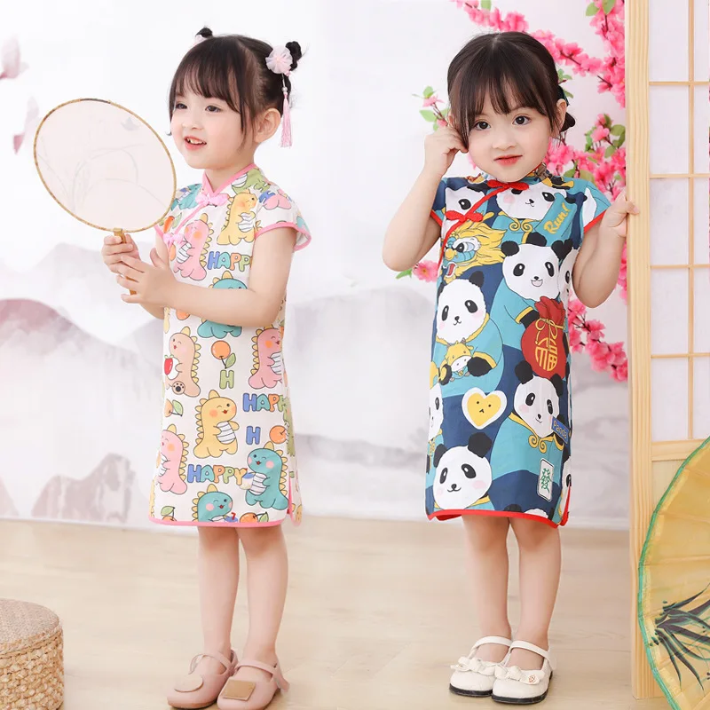 Terno de manga curta Hanfu Tang infantil, vestidos de princesa melhorados, desenhos animados bonitos, Panda, impressão de dinossauro, Cheongsam, primavera, verão