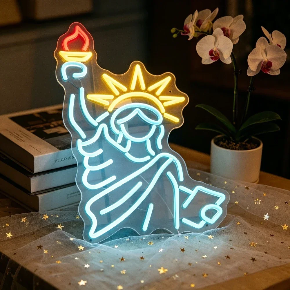 Neon Liberty Statue Sign LED USB American Landmark Festival Decor Night Light for Bar Desktop Wall Decor USA Theme Party Gift