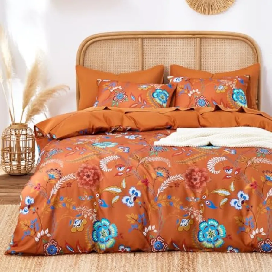 

Boho Comforter Set, Floral Shabby Chic Style with Colorful Flowers and Funky Vines Pattern, Soft Lightweight Bedding, 3 Pieces,