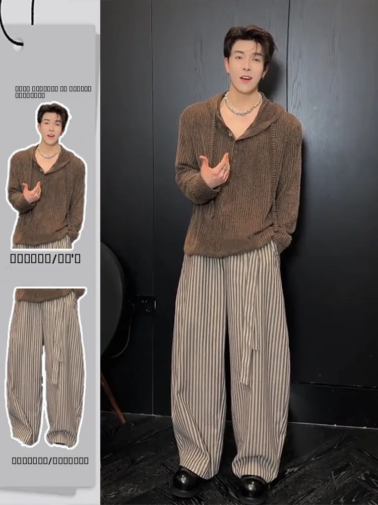 

Sli Men's Faion Set Old Money Sle Knitted Sweater Striped Pants Autumn Collection Teenager Long Sve irt