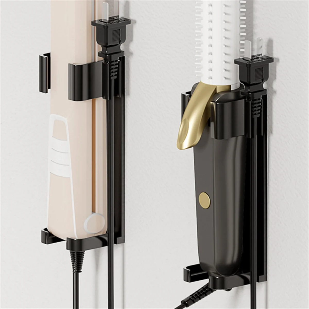 مكواة تجعيد الشعر المصنوعة من الألومنيوم على الحائط وحامل تخزين منظم مناسب لعصي الشعر المجعد المختلفة باللون الأسود HY