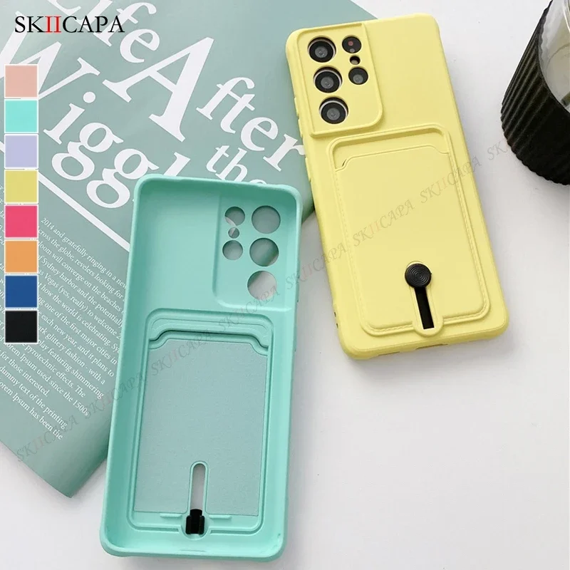 Liquid Silicone Wallet Card Holder Case For Samsung Quantum 2 S21 S22 S23 Ultra A72 A52 A32 A51 Soft Gel Rubber Shockproof Cover