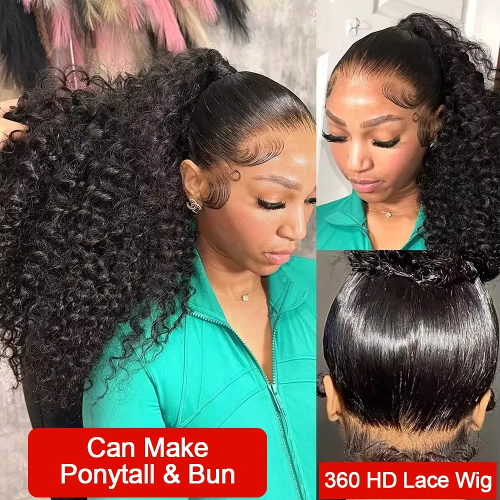 

40 Inch Brazilian Curly Human Hair Wig with 360 HD Lace Invisible Drawstring Deep Wave Frontal Wigs for Women Full Lace Wig