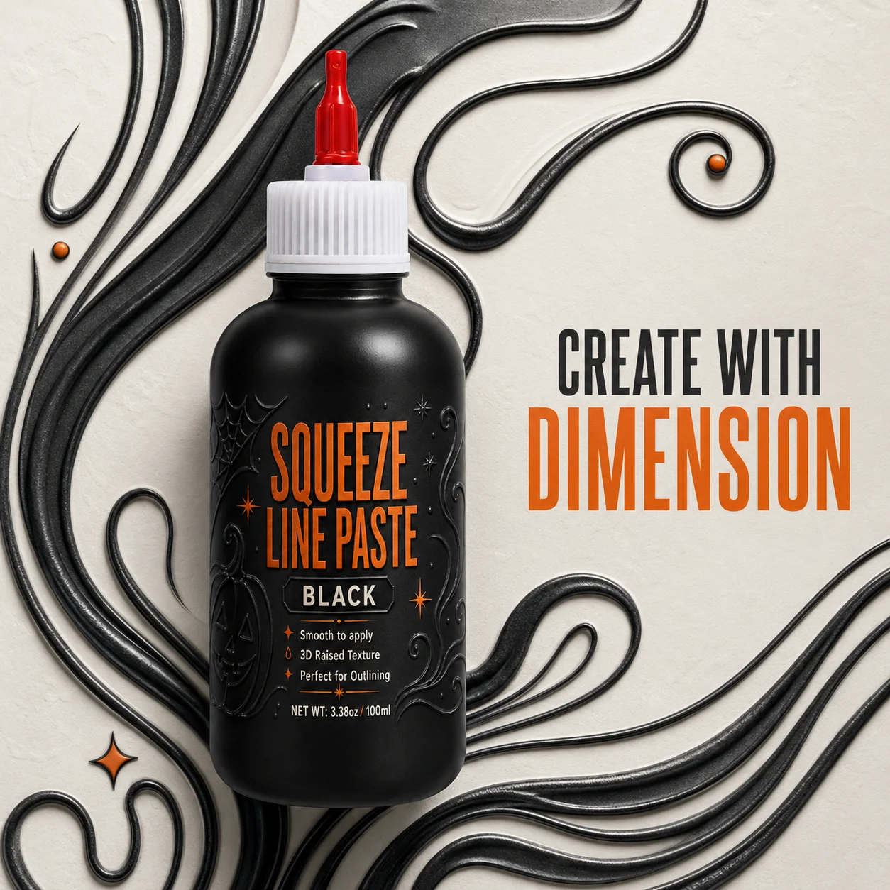 3D Texture Paste (with Nozzle Applicator) - Holiday DIY Art Gift for Ceramic Outlines and Sculpted Details (BLACK)