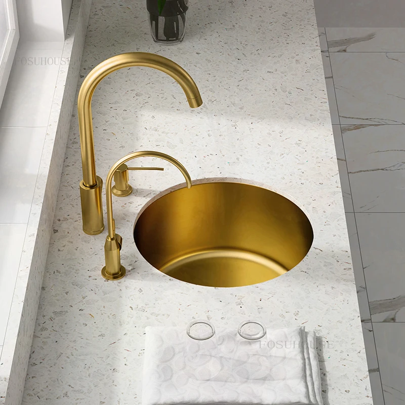 Nano Golden Round Sink Island Bar Counter Single Slot 304 Stainless Steel Kitchen Sinks Household Handmade Vegetable Wash Basin