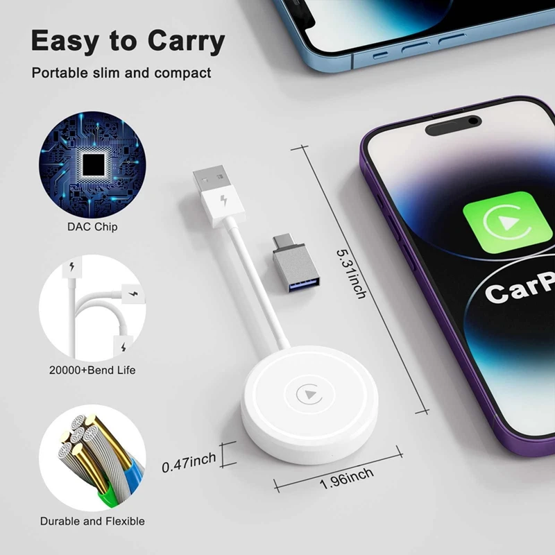 Wireless Carplay Adapter, Plug & Play Easy Use Carplay Dongle Wired Carplay To Wireless Adapter Spare Parts Accessories