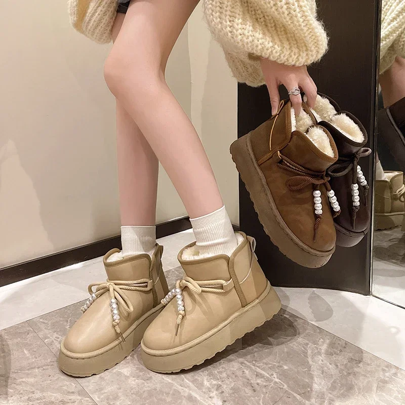 Thick Bottom Round Head with Velvet Warm Beaded Waterproof Table Fashion All-match Comfortable Non-slip Breathable Women's Boots