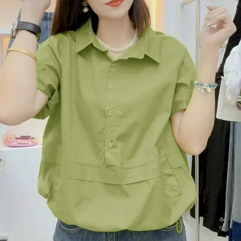 Polo Shirt Tshirt Women Short Sleeve Blouse Loose Oversized Slim Solid Color Lapel Casual Top 2024 Summer Trend Artistic Tshirts