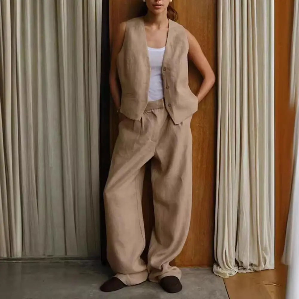 

Loose Fit Pants Stylish Wide-leg Women Pants with Elastic Waist Pockets Solid Color Trousers for Mid-rise Straight Fit