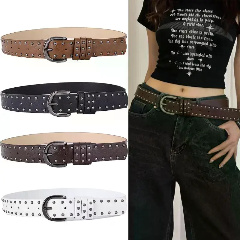 Hip Hop Punk Women's Belt Rivet Embellished PU Leather Retro Adjustable Waist Strap for Date Outfits