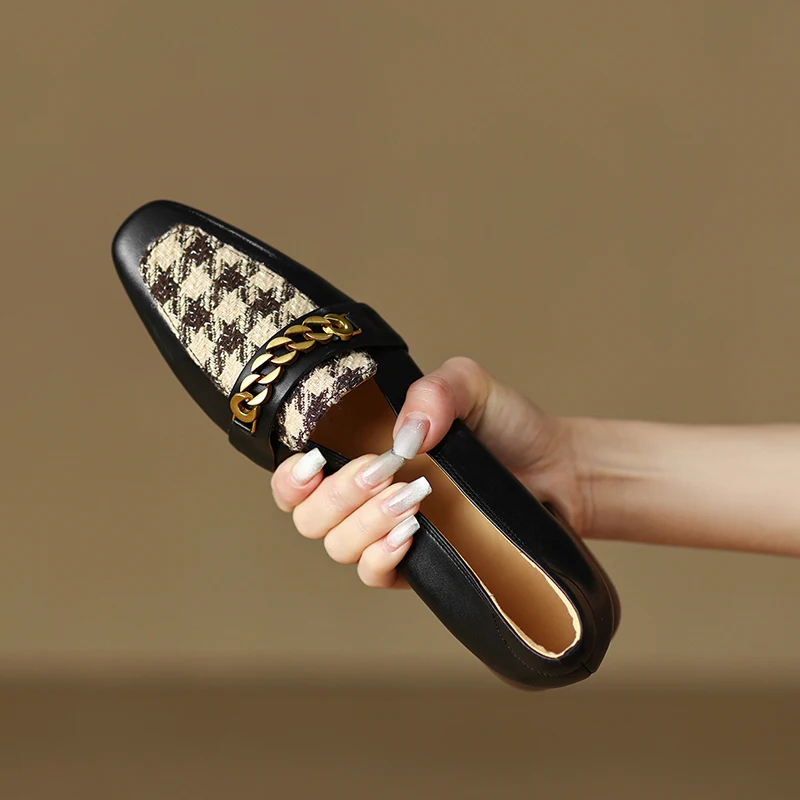 

2025 new spring autumn women pumps natural leather 22-25cm cowhide+fabric+pigskin square toe loafers Metal chain women shoes