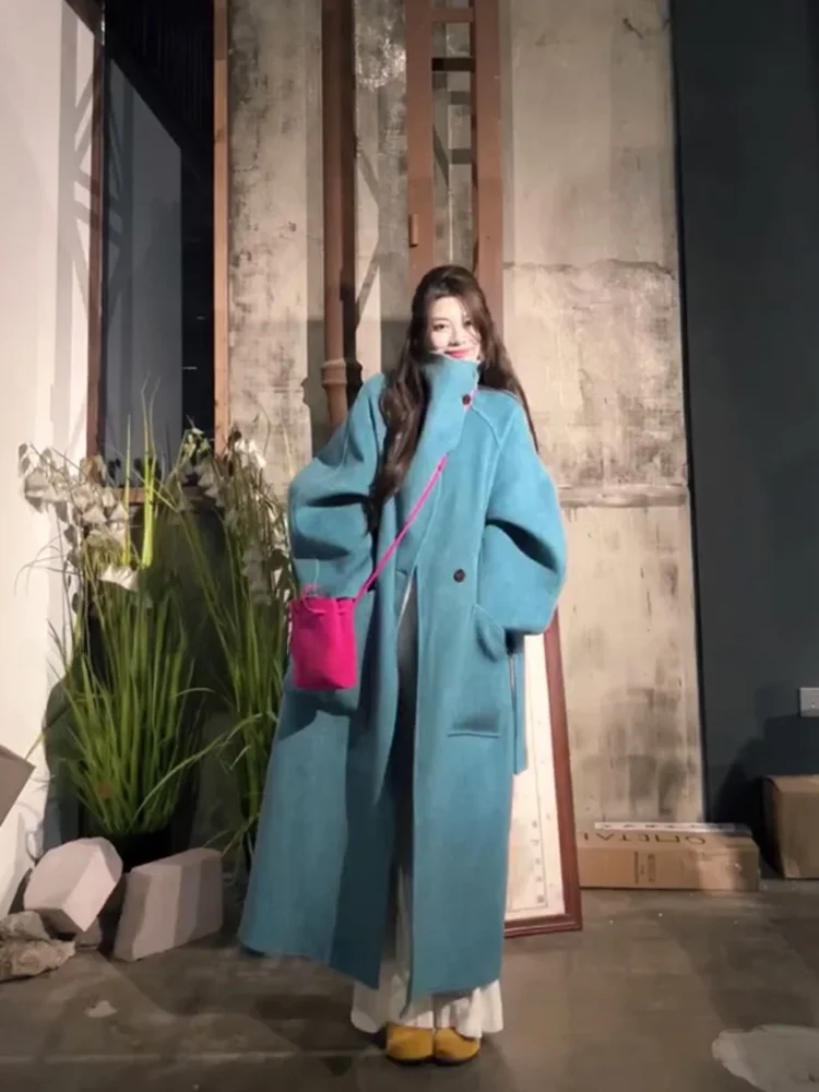 

Elegant Blue Woolen Coat for plus Size Women STAZF7 Autumn Winter Fashionable Ladylike Outerwear Commute Style Regular Sleeve