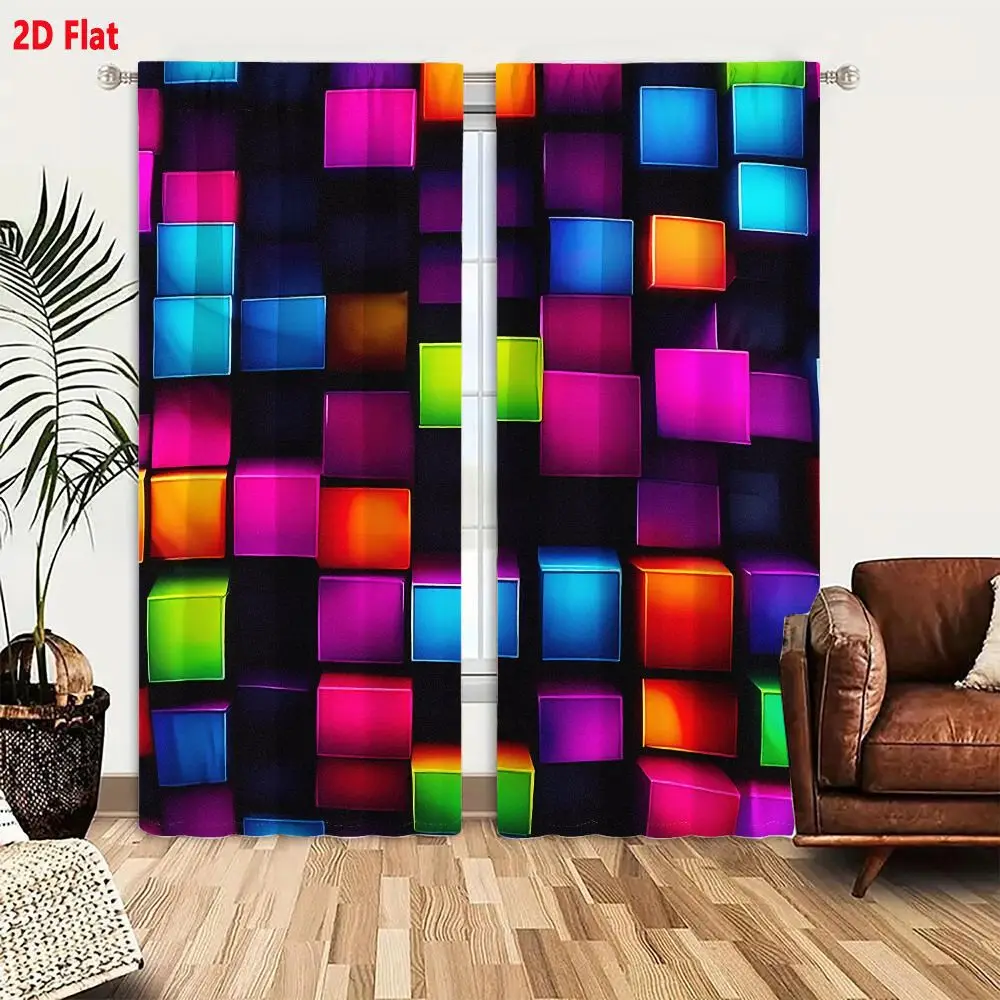 2Pcs Curtains 2D Flat Vibrant Abstract Glowing Cubes Neon Grid Futuristic Cityscape Data Visualization Window Drapes for Bedroom