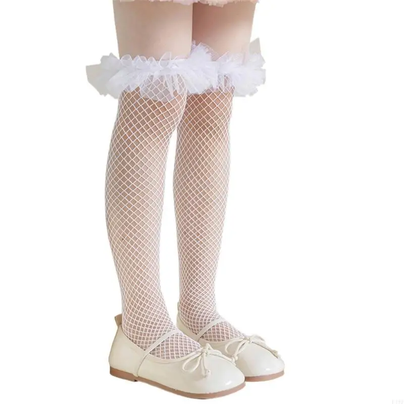 

F19F Ballet Socks Stretchy Over the Knee Socks Girl Spring Dress Stockings Breathable Lace Trim Hollowout Socks