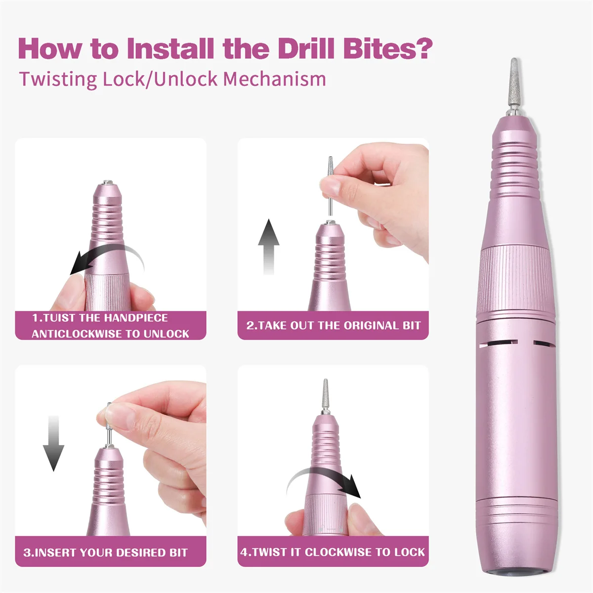 เครื่องขัดไฟฟ้าไร้สาย 45000RPM พร้อมดอกสว่านและฐานสำหรับเล็บอะคริลิคกำจัดเล็บเจลขัดเล็บร้านทำเล็บบ้าน