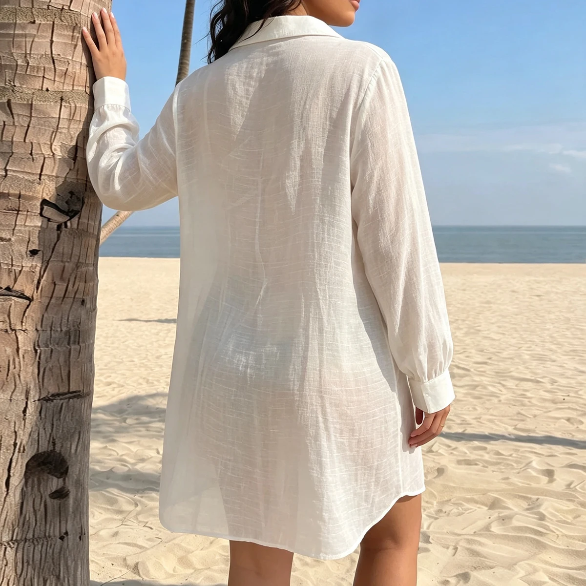 Vacation Travel Plain Large Size Cover-Up, Lightweight Sheer Simple Long Sleeve Top, Casual Loose-Fitting Clothing for Women