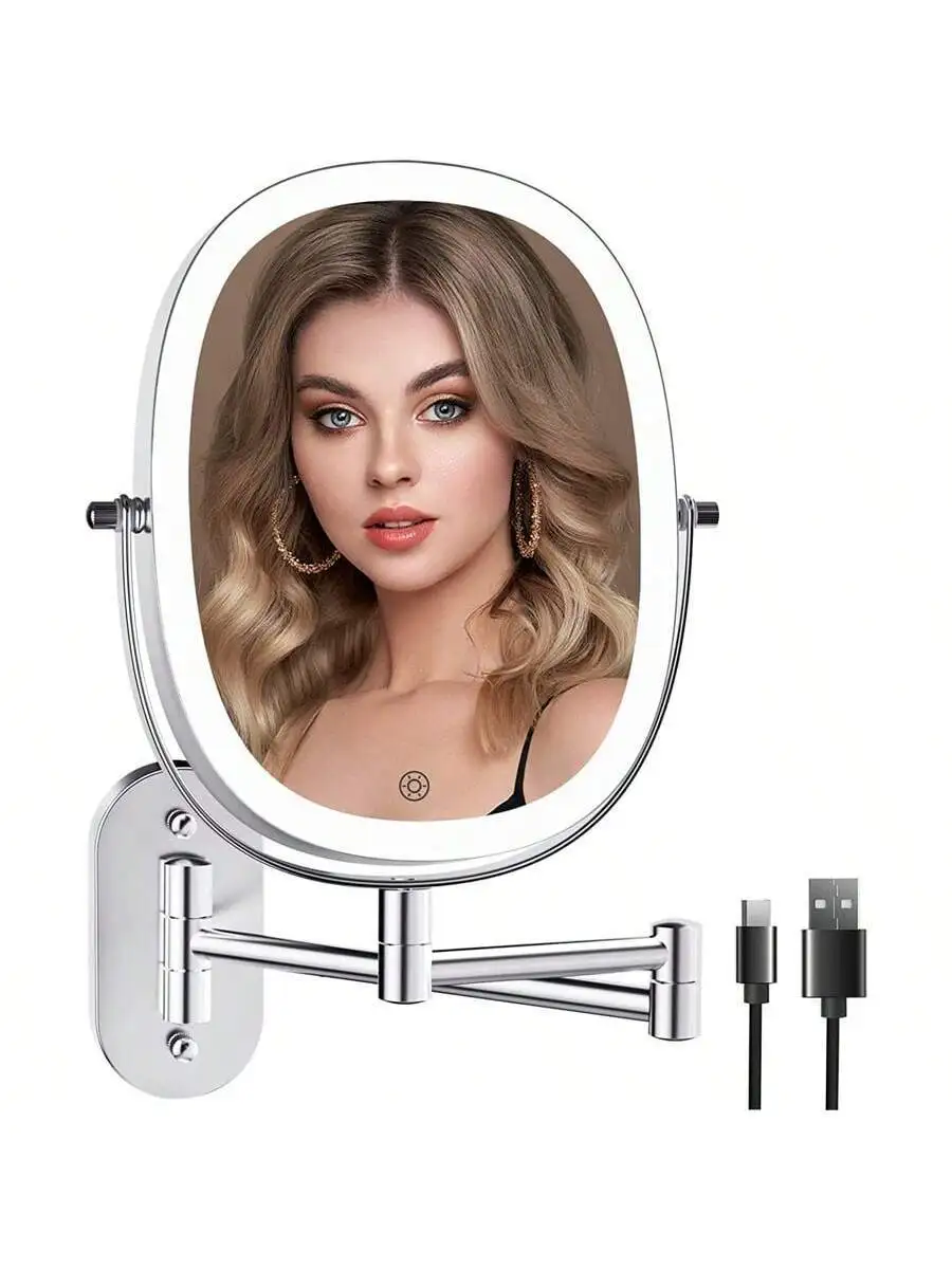 

9 Inch Oval Wall Mounted Makeup Mirror With 3 Color Dimmable Light 1X 7X Magnifying Rechargeable Touch Sensor Extended Arm 360