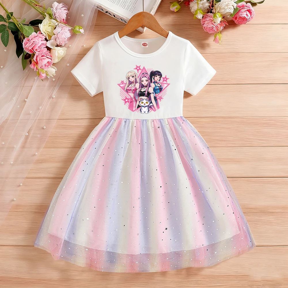 Neue Sommer-Kinderkleidung Kurzarm-Prinzessinnenkleid für Kinder Niedliches Kleid für Babymädchen Geburtstagsparty Regenbogen-Kleidung Cartoon – Detail 3