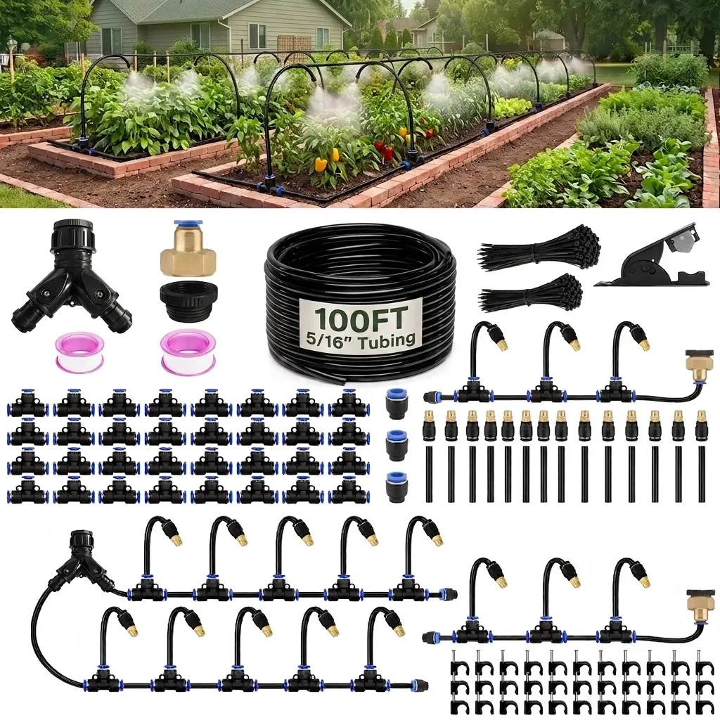 50 66 100FT 5 16 inch tubing brass faucet adapter mist drip off modes garden watering kit with durable brass nozzles efficient