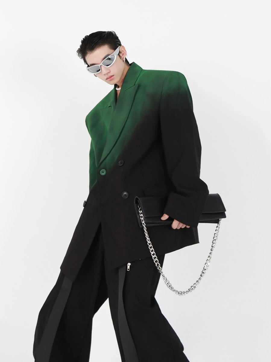 High Street Blazers Men's Black Green Gradient Shoulder Padded Silhouette Suit Jacket Loose and High-end Unisex Suit