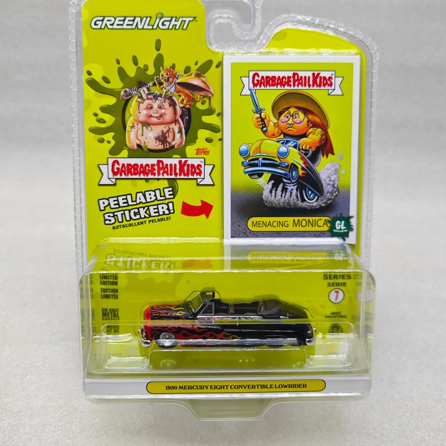 

Green Light 1:64 Trash Can Kids Series 7-Menace Monica-1950 Mercury 8 Convertible Low Lying Diecast Alloy Car Model Collectible