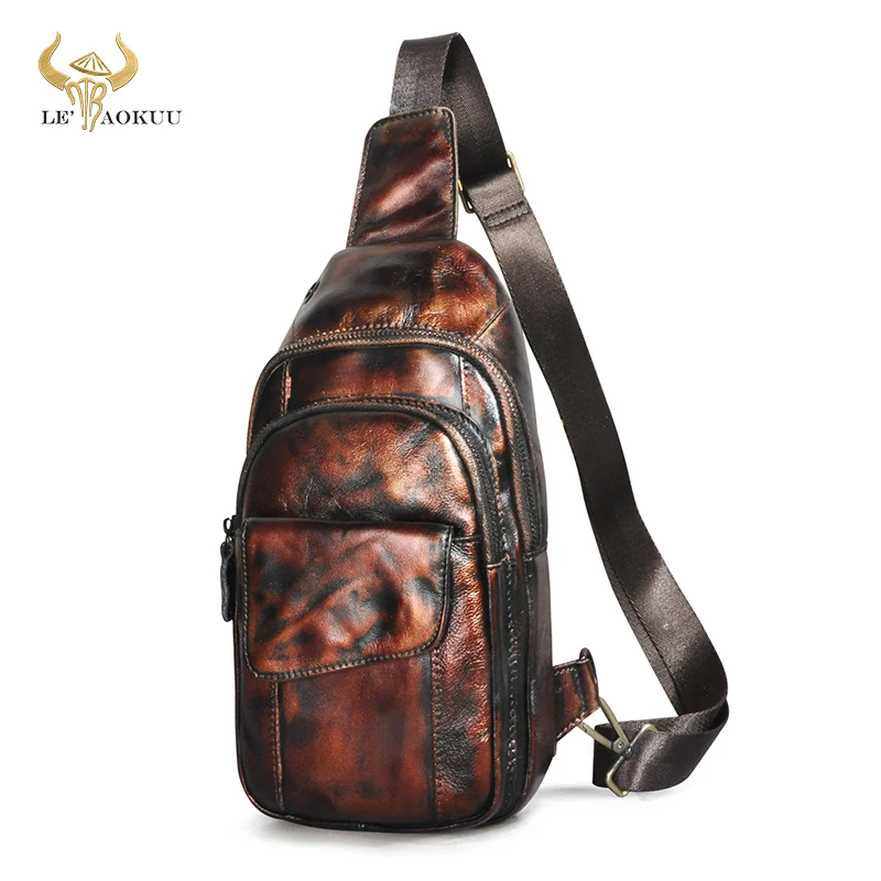 

Hot Sale Natural Thick Leather Fashion Crossbody Chest Sling Bag Design Travel One Shoulder Bag Daypack For Men Male 8013