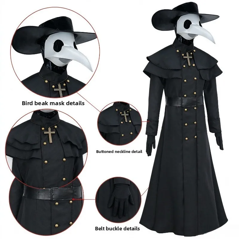 Plague Doctor Full Costume Set, Long Trench Coat with Mask Hat Gloves for Medieval Halloween Cosplay Outfit