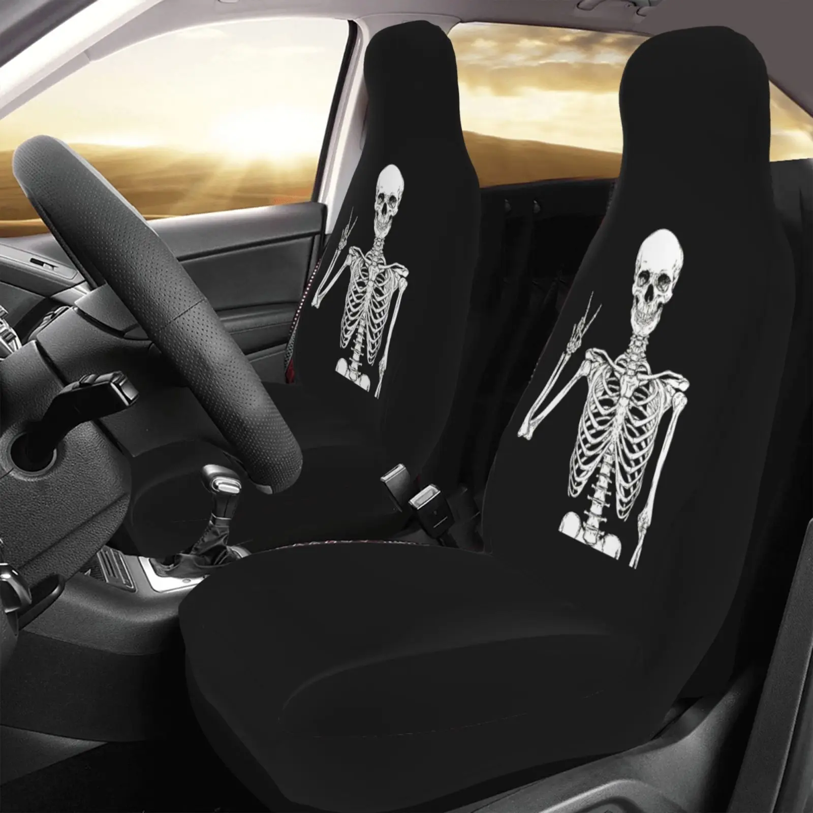 Black and White Halloween Skull Print Pattern Car Seat Cover Set of 2 - Front Seat Cover - Universal Anti-Slip Design
