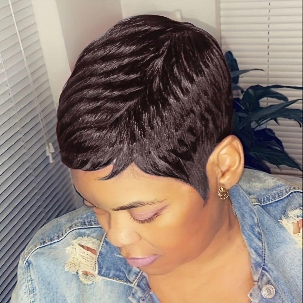 

Парик с стрижкой пикси, короткие вьющиеся волнистые парики из натуральных волос для женщин, парик машинного производства, плотность 150%, 6 дюймов