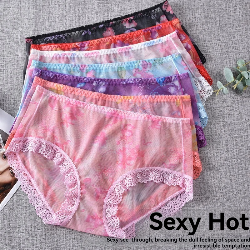 

European and American foreign trade lace hollow out plus fat women's mid waist triangle pants sexy mesh thin breathable cotton u