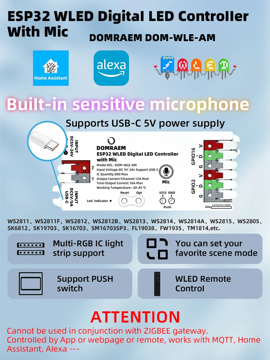 DOMRAEM ESP32 WLED Adressierbarer LED-Controller 16A Austauschbare Sicherung Level-Shifter mit Mikrofon USB-C WS2811/12B/14/05 HA MQTT Alexa