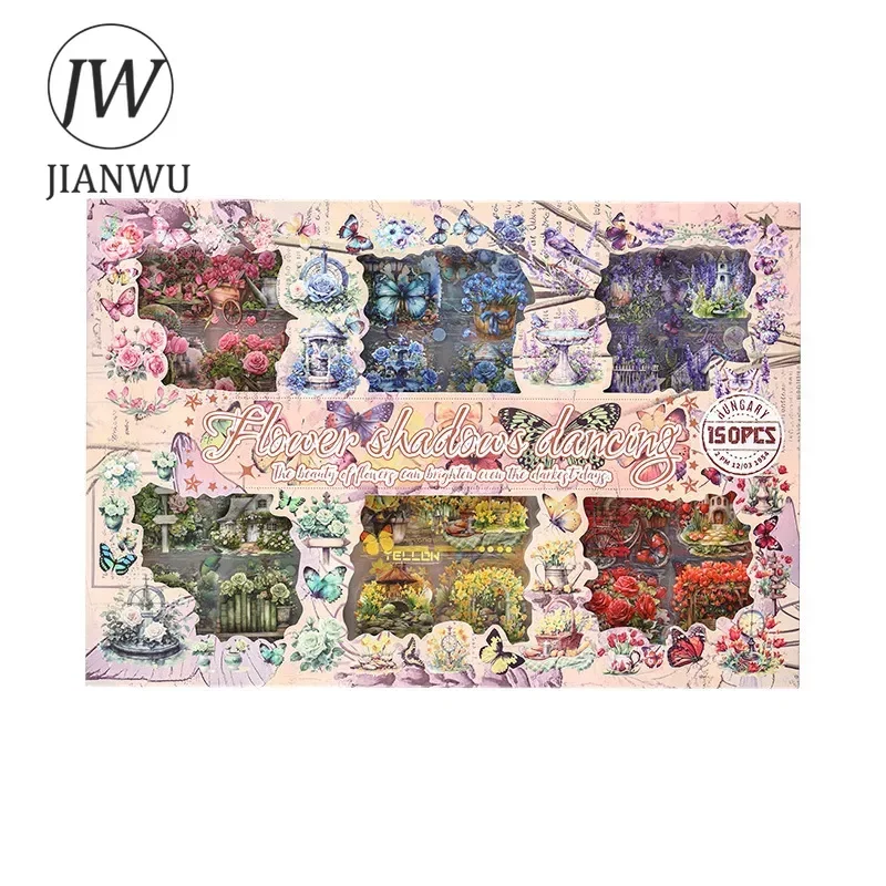 JIANWU 150 Sheets Flower Shadow Series Vintage Butterfly Landscaping Material Collage PET Sticker Creative Journal Stationery