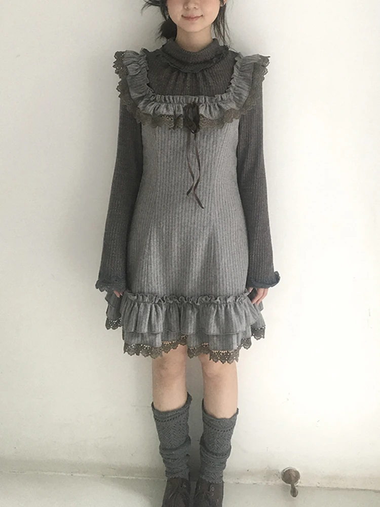 Heavy Embroidery Lace Flying Sleeve Dress Women's Autumn Winter Knitted Sweater Base Layer Floral  Woolen Coat Casual Style