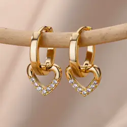 Hollow Heart Earrings for Women Stainless Steel Dangle Drop Earrings 2026 Trend Cubic Zirconia Wedding Couple Ear Jewelry aretes