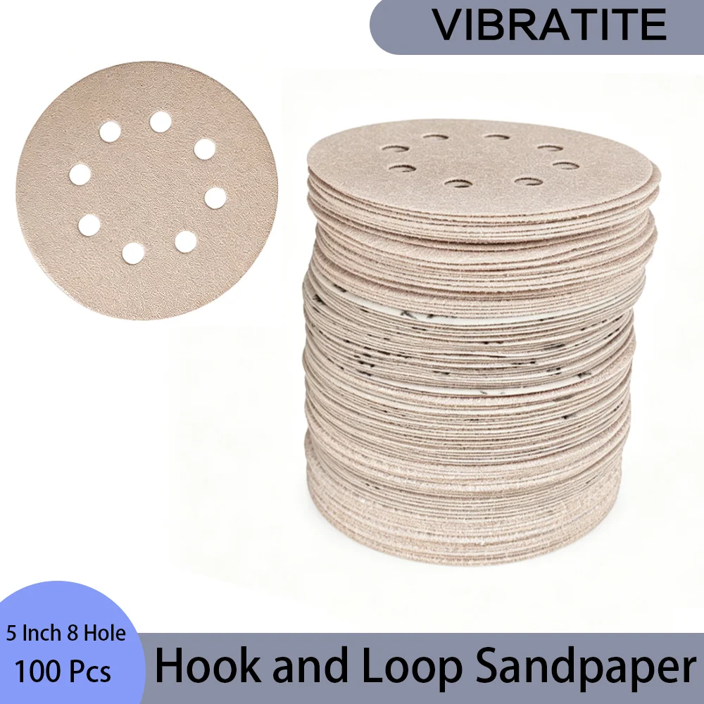 White Hook and Loop Sandpapers 5 Inch 8 Holes Assorted 60-150 Grits Mixed 100 Pcs for Drywall Sander Wood Metal Furniture