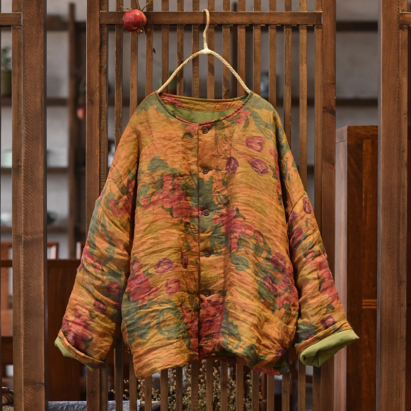 الربيع خمر نمط س الرقبة الأزهار طباعة فضفاضة الإناث طويلة الأكمام معاطف M1218 المرأة القطن الكتان سترات رجالي جديد وصول 2025 #3