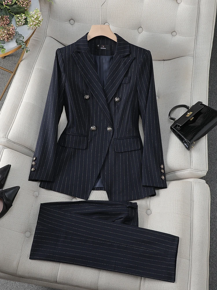 Blue Black Striped Ladies Formal Pant Suit Set Women Female Business Work Wear Long Sleeve 2 Piece Blazer Jacket And Trouser