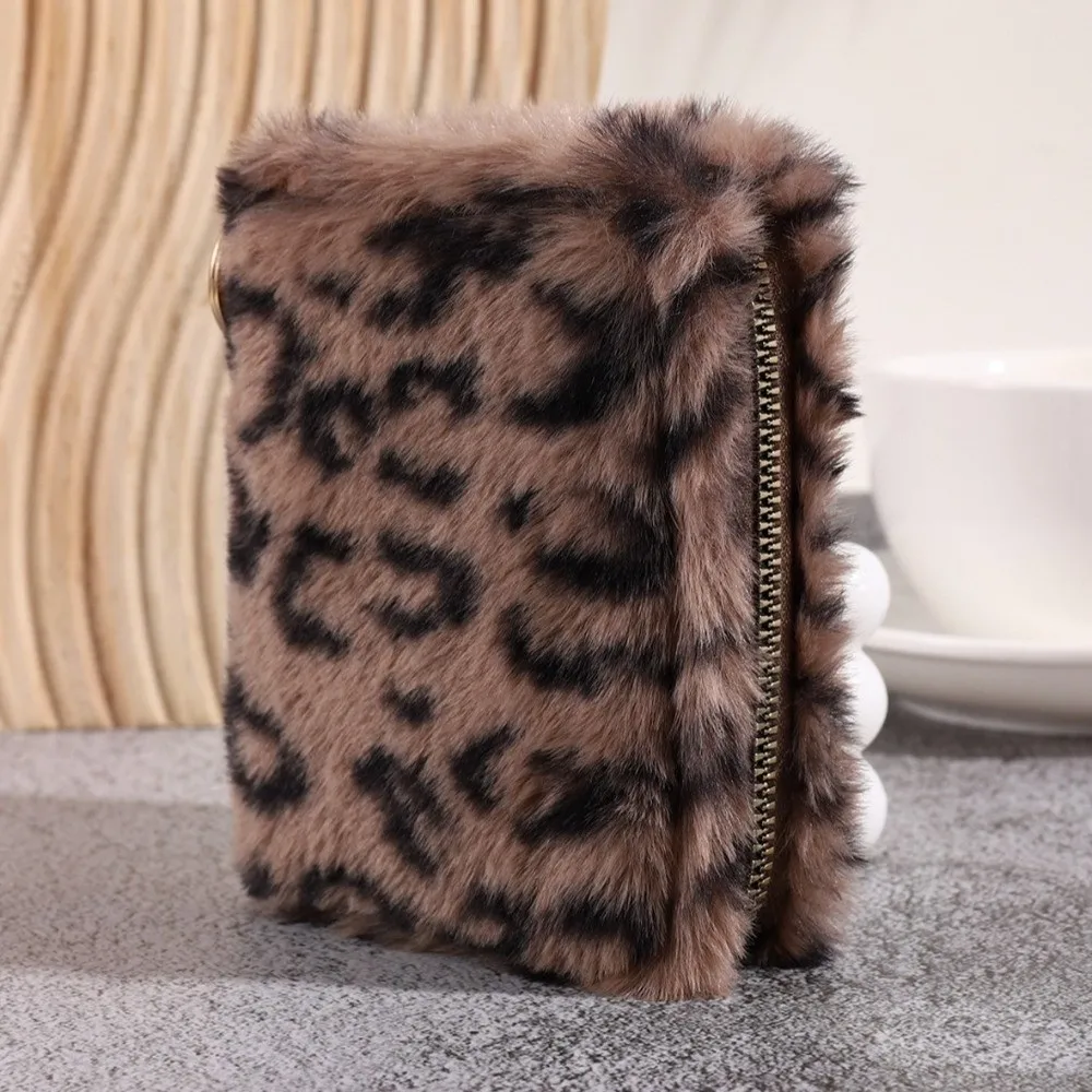 Cute Furry Leopard Print Coin Purse Soft Large Capacity Zipper Wallet Multi-Card Slot Travel Organizer Storage Bag Women