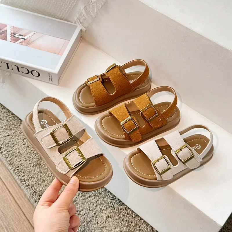 Children Retro Slippers Buckle Kids Summer Beach Shoes Simple Open-toe Classic Solid Color Boys Girls Casual Sandals 2024 New