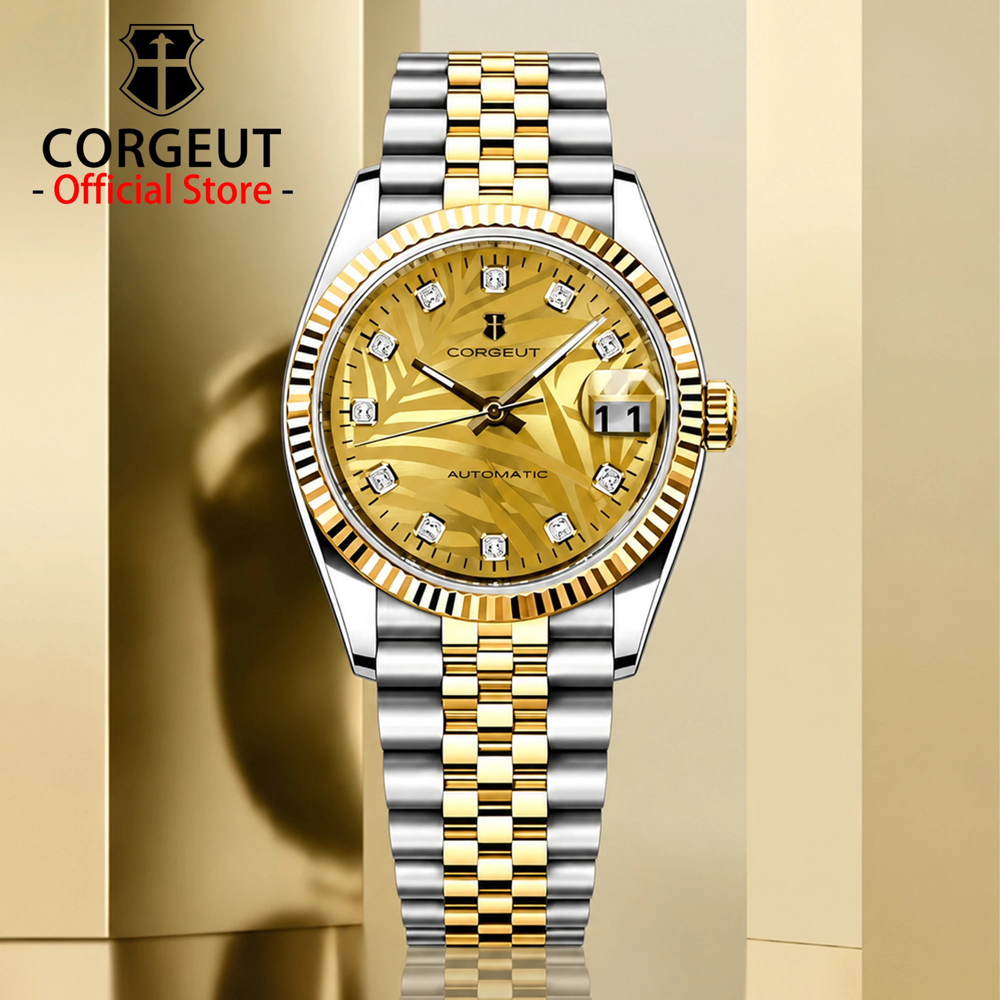CORGEUT 36mm Diamant-Dschungel Luxus-Geschäftsherrenuhr Automatische Mechanische Saphiruhr für Männer mit Datumsanzeige und Vergrößerungsglas