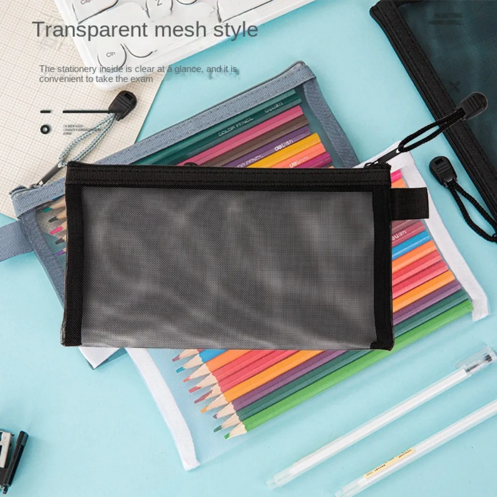 Nylon Transparent Zipper Pencil Case Zipper Makeup Pouch Clear Stationery Bag Solid Color Travel Case Mesh Cosmetic Storage Bag