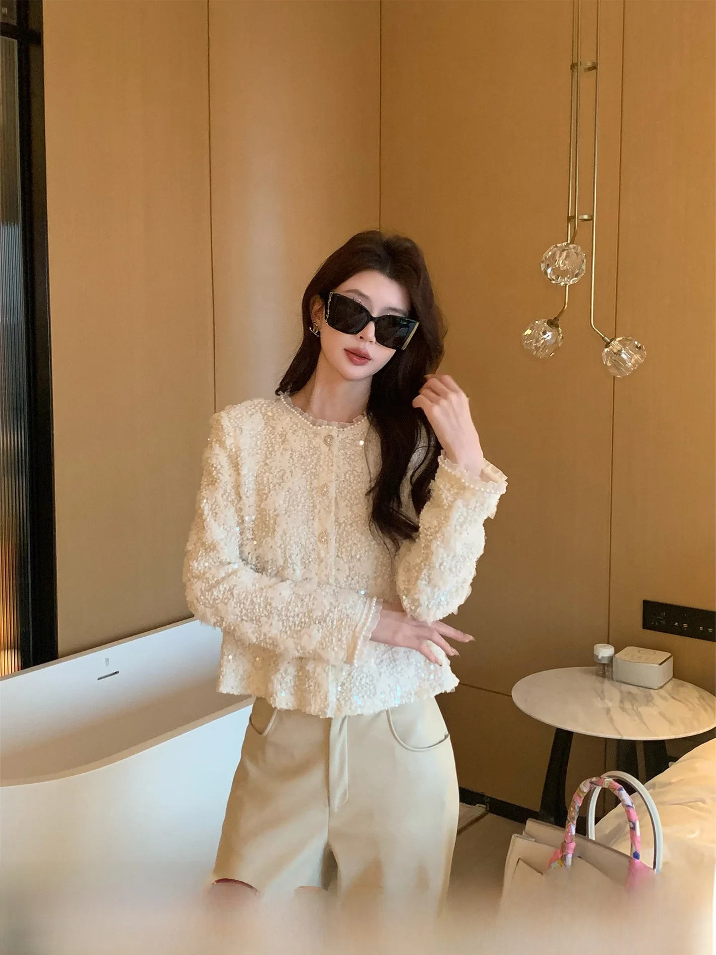 

Kun Total【 Nebula 】Heavyweight Knitted Sequin Jaet Women Design Sensation Luxury Open Cardigan Top New Sle Casual Sle S...